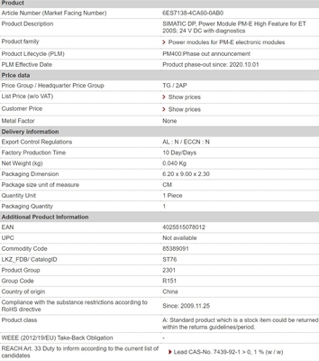Término de pago T/T 6ES71384CA600AB0 Módulo de alimentación PM-E Característica alta para ET 200S 24 V CC