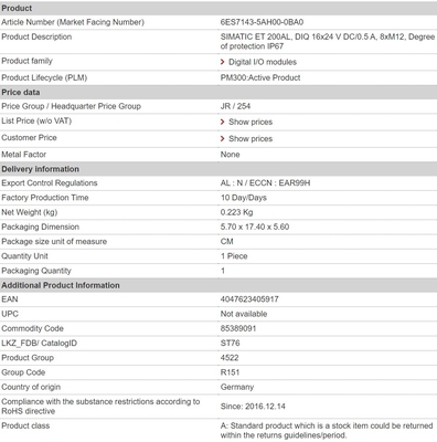 6ES7143-5AH00-0BA0 DIQ 16x24 V DC/0,5 A IP67 Siemens ET 200AL Módulo de conexión con 1