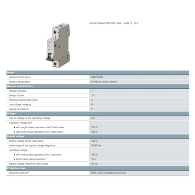 Siemens 5SN6110-7CN 230/400V 6kA 1-pólico C 10 A interruptor de circuito Peso neto kg 0,261 Kg