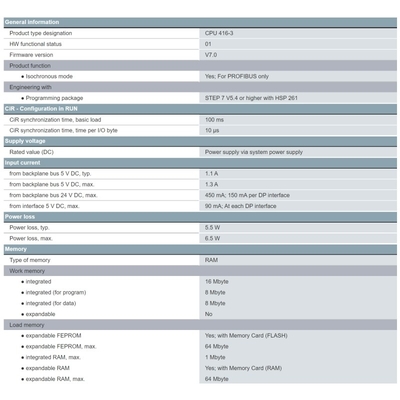 6ES7416-3XS07-0AB0 SIMATIC S7-400 CPU 416-3 Con 16 MB de memoria de trabajo y 3 interfaces
